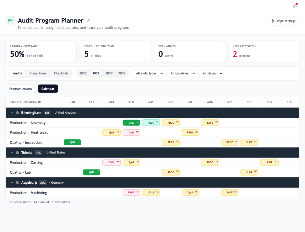 Audit Planner calendar view with audit cards on their planned dates and a drag handle on hover