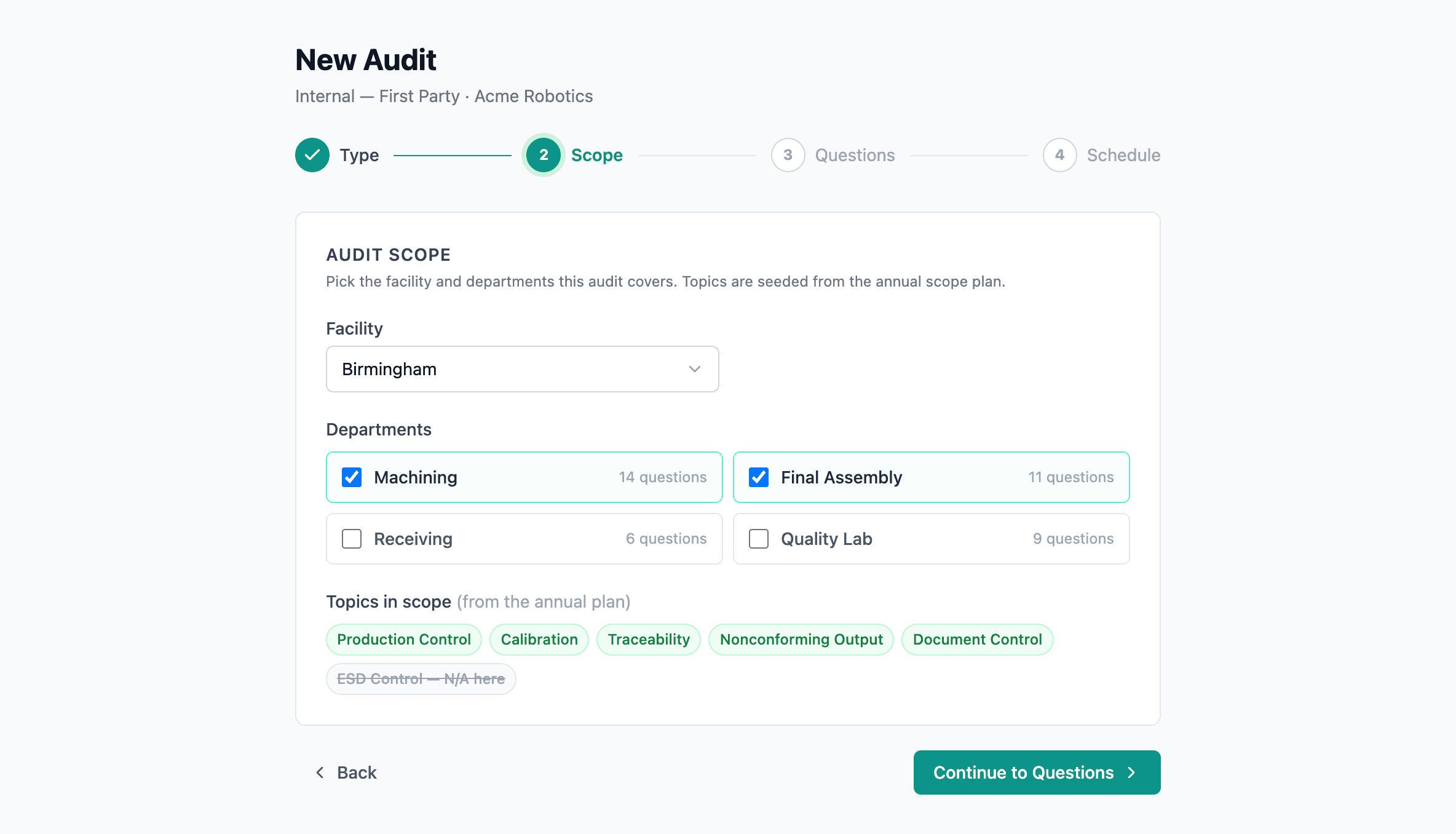 The 4-step new-audit wizard with the Scope step active