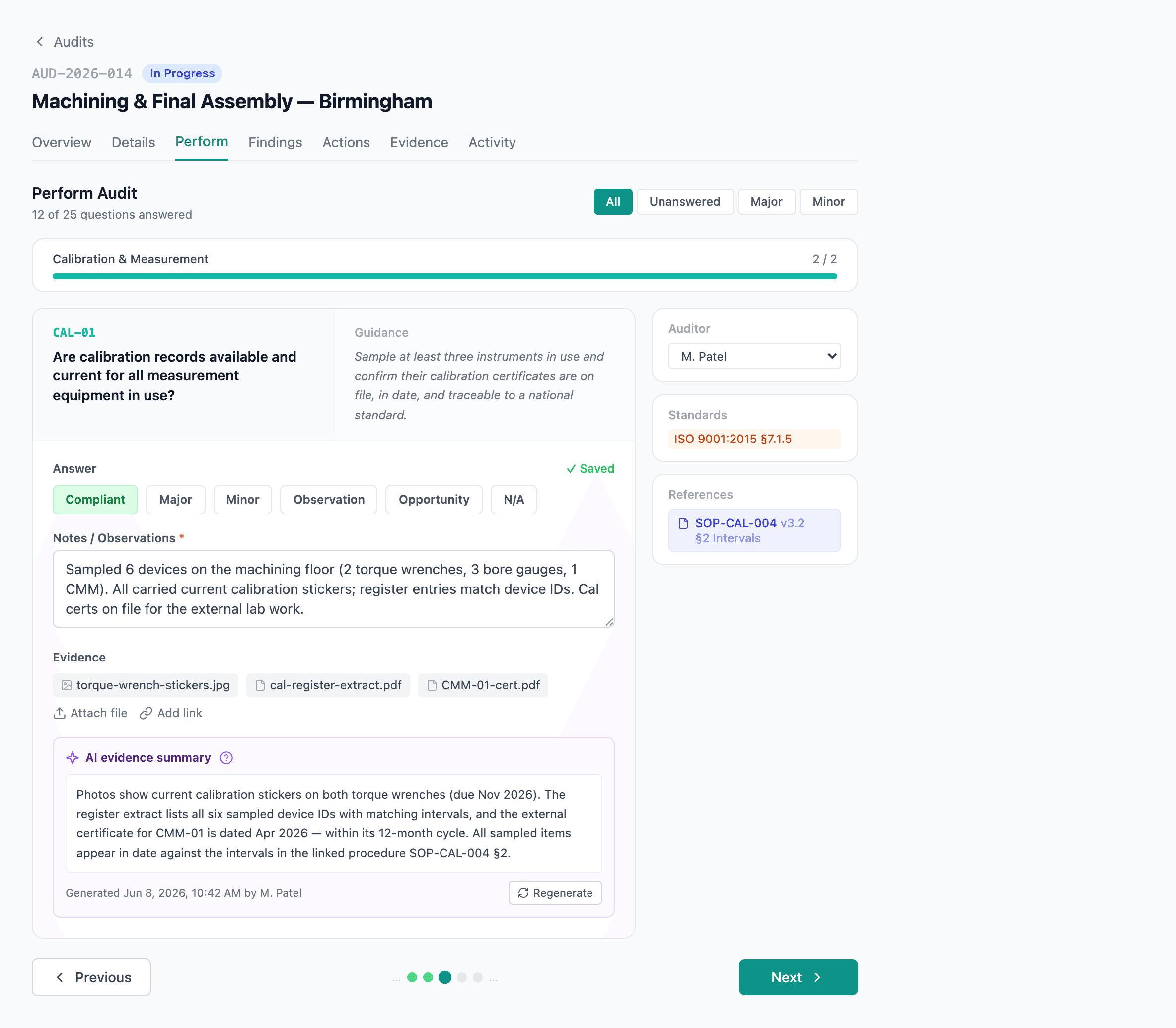 The Perform tab with a question, the auditor's notes, attached evidence, and the AI summary panel