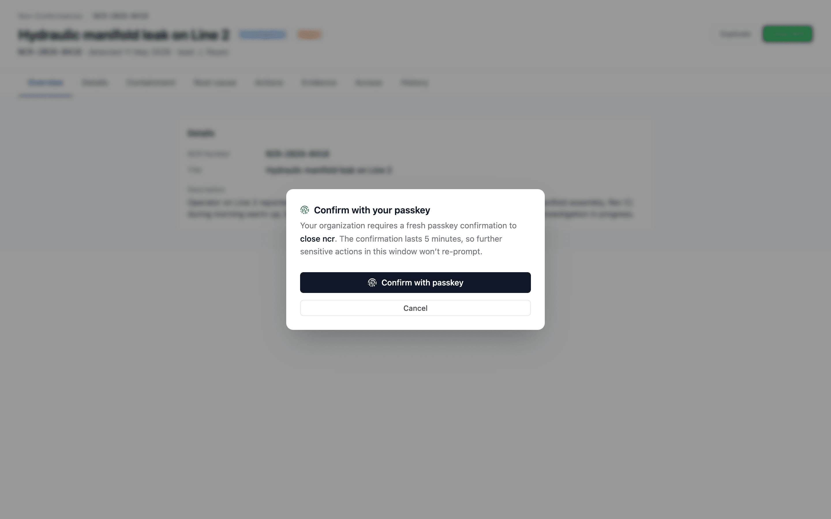 The step-up confirmation modal during a sensitive action