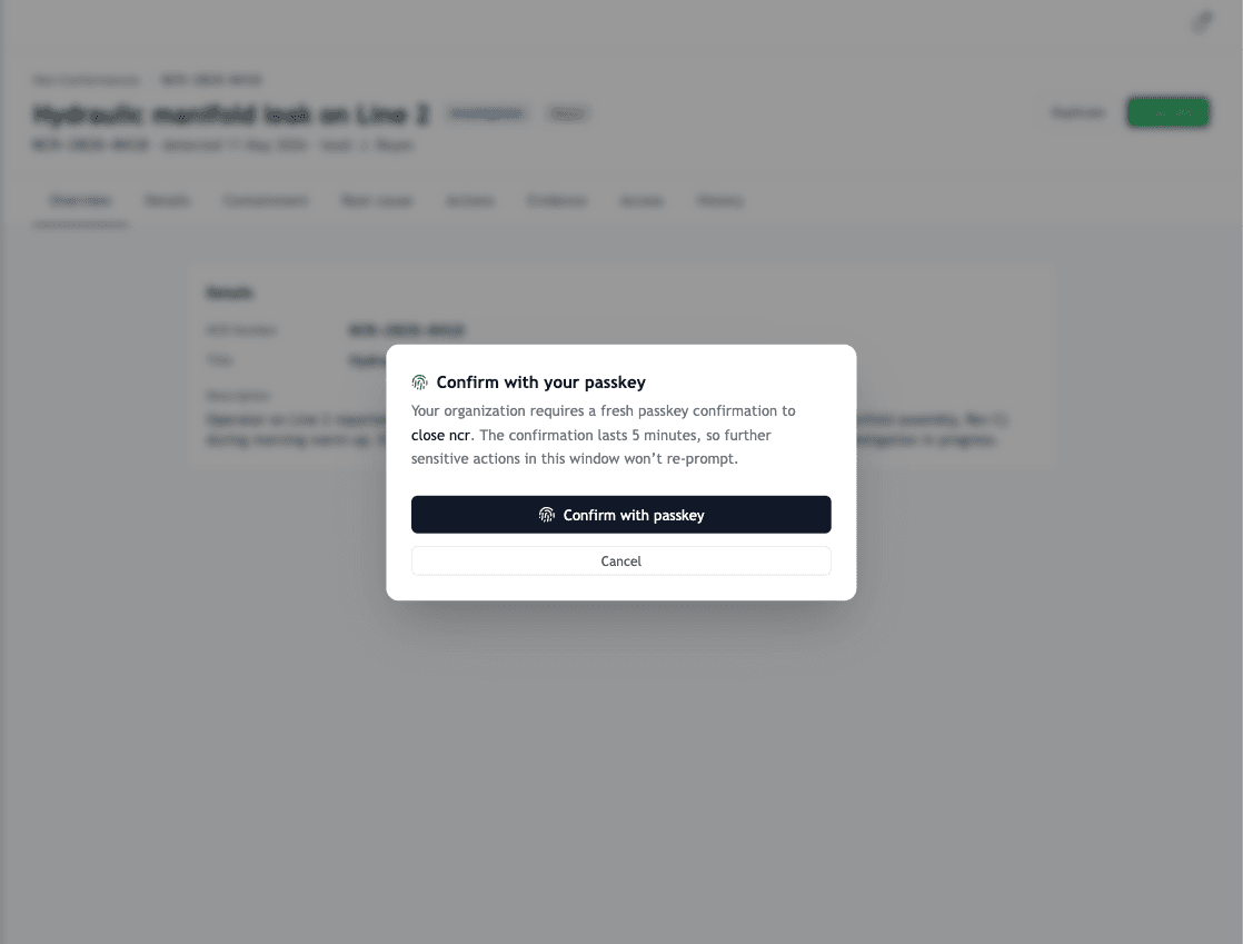 The step-up confirmation modal during a sensitive action
