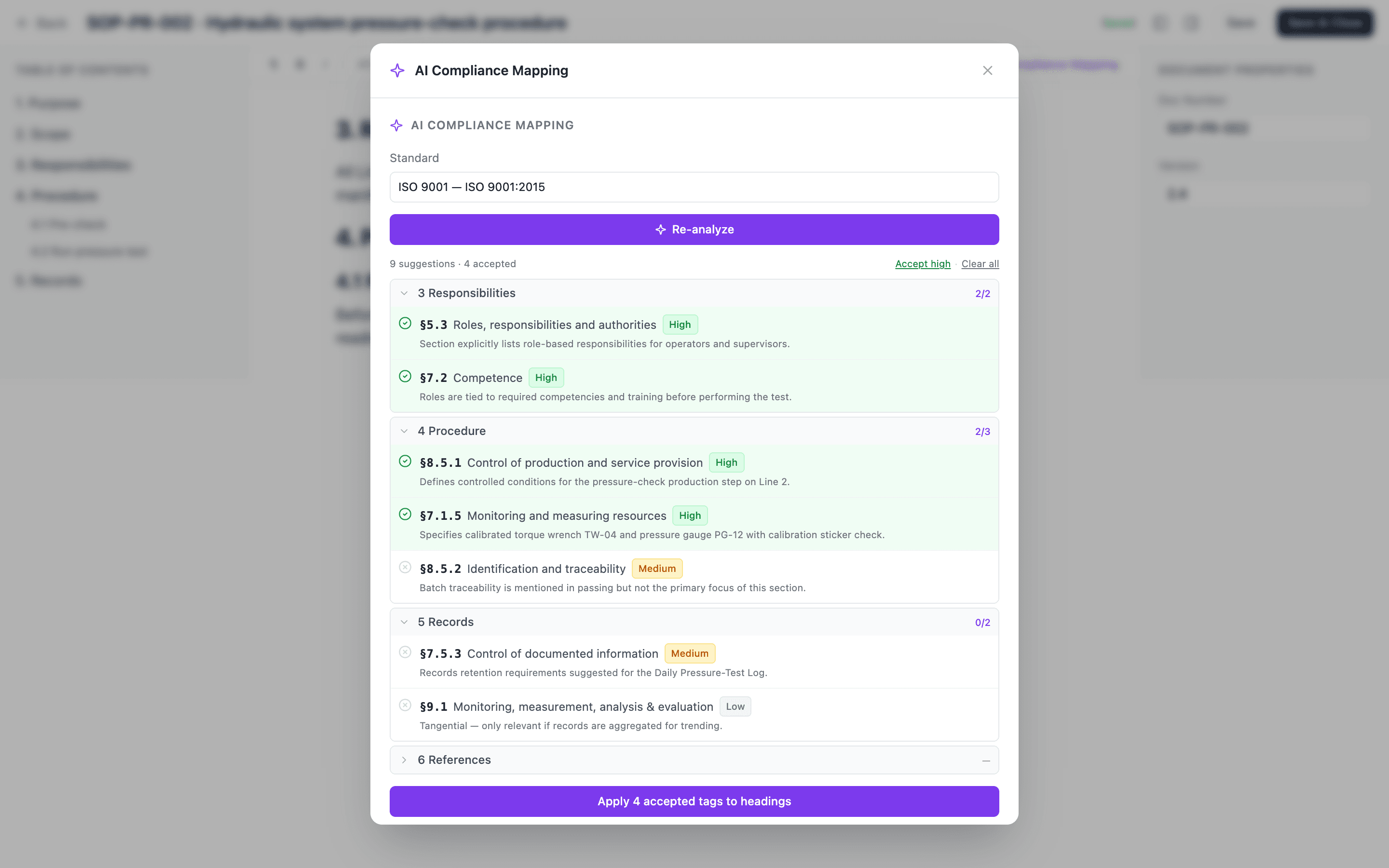 The document editor with a heading selected and the Compliance Map clause picker open