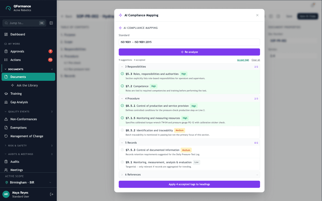 The document editor with a heading selected and the Compliance Map clause picker open