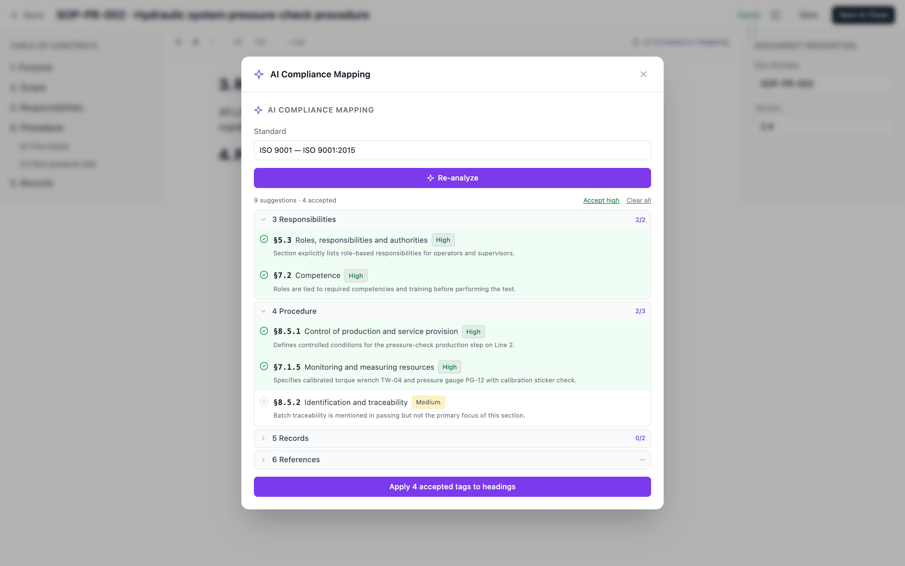 The AI clause-suggestions panel with proposed heading-to-clause mappings and accept/reject controls