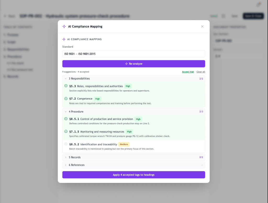 The AI clause-suggestions panel with proposed heading-to-clause mappings and accept/reject controls