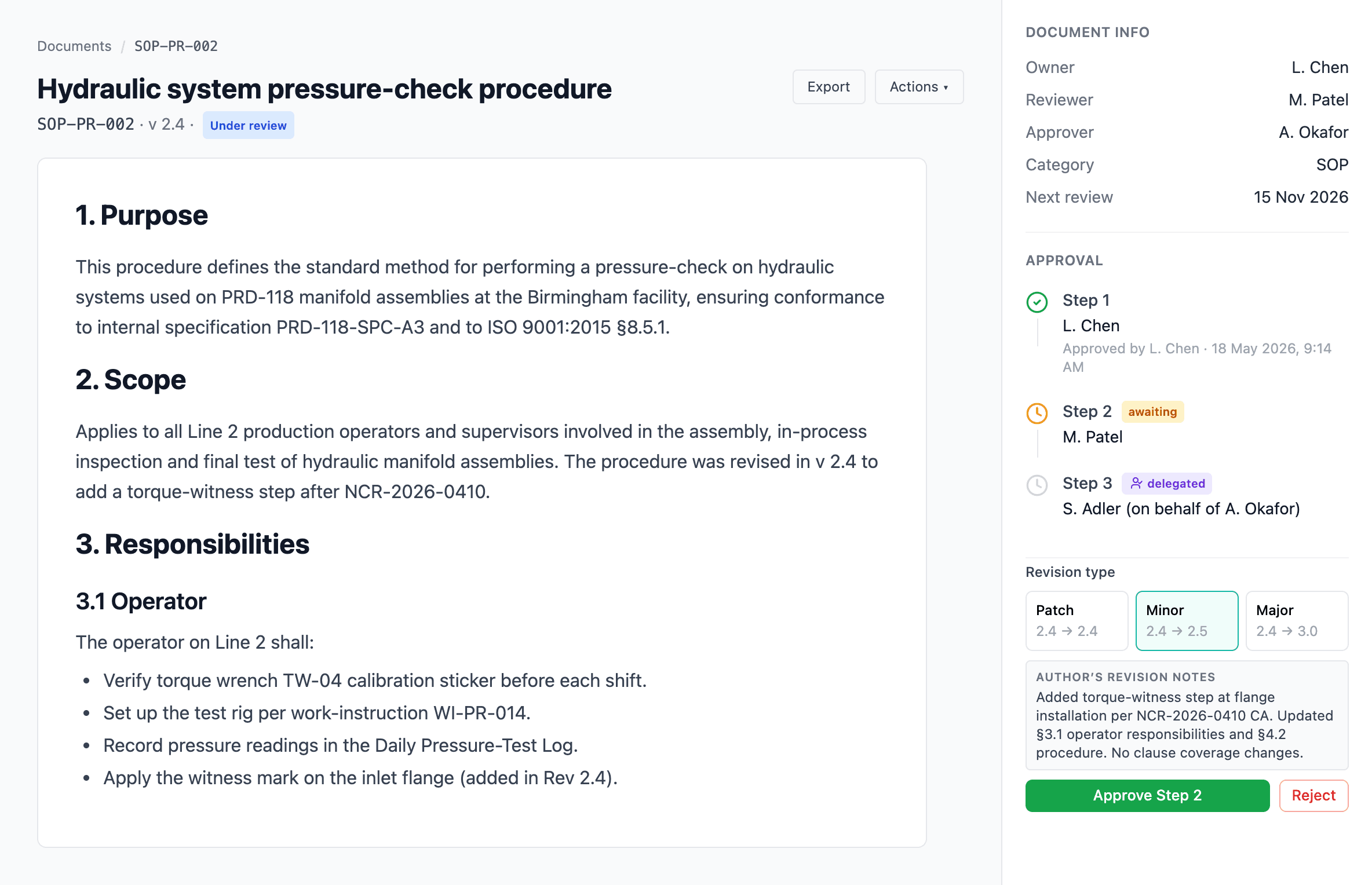 The Approval panel sidebar showing chain, current step, revision-type picker on the final step