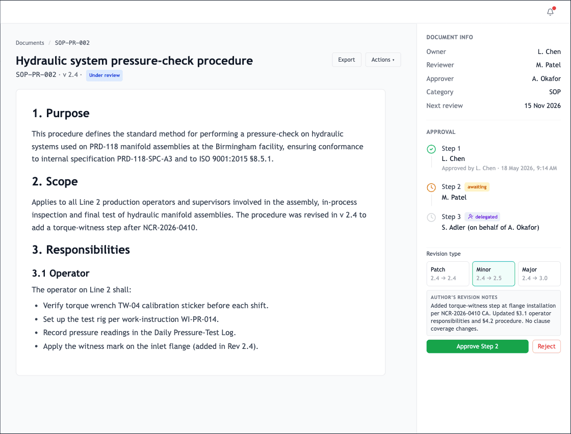 The Approval panel sidebar showing chain, current step, revision-type picker on the final step