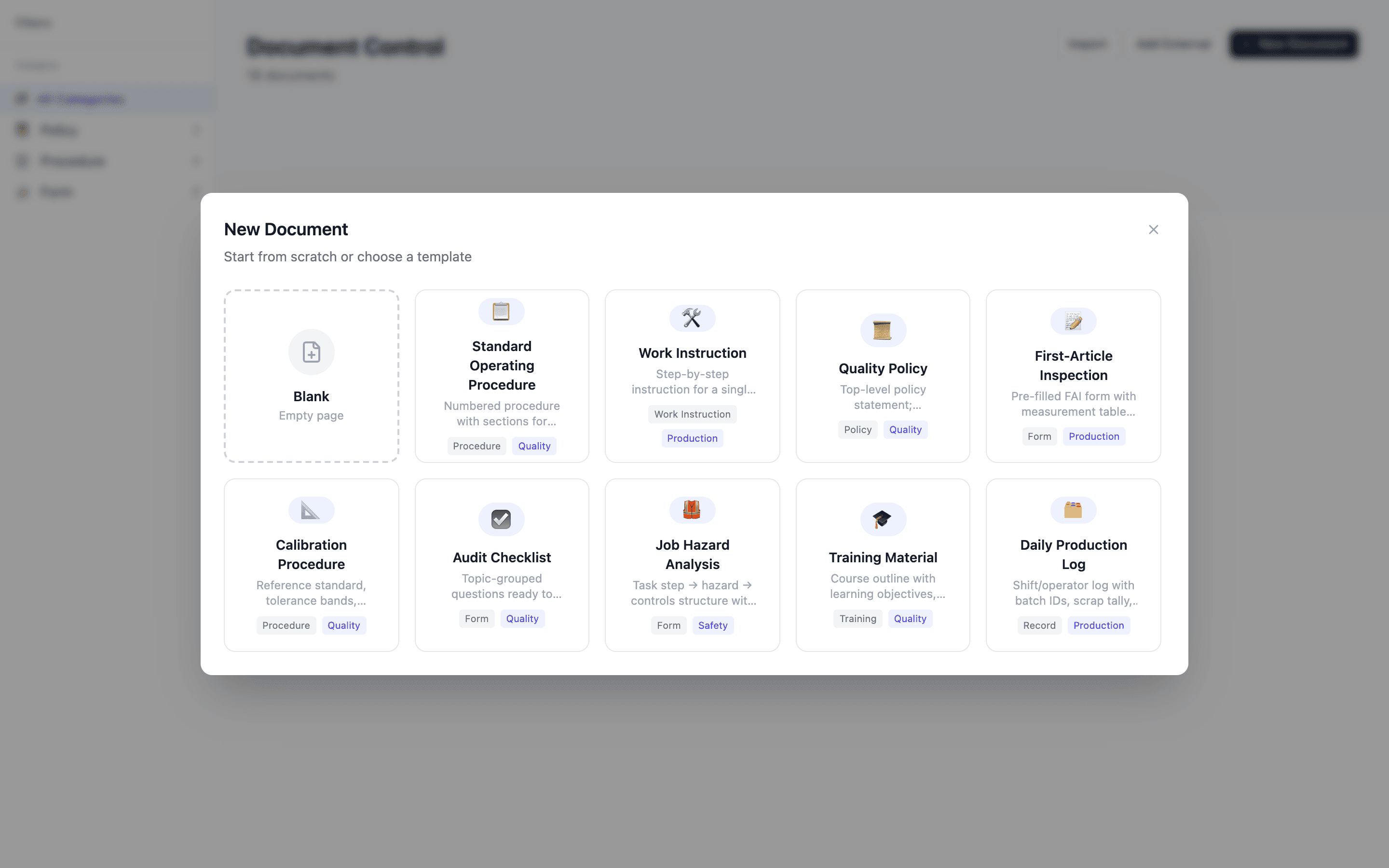 The New Document modal with category, class, template gallery, and import option