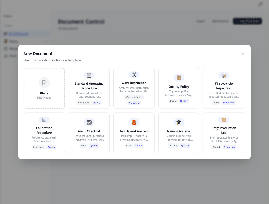 The New Document modal with category, class, template gallery, and import option