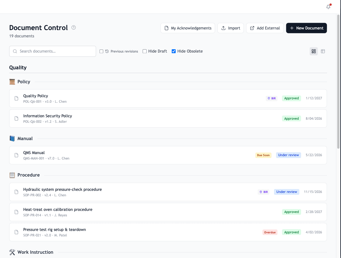 The document register with class filter, status filters, search, and review-status badges
