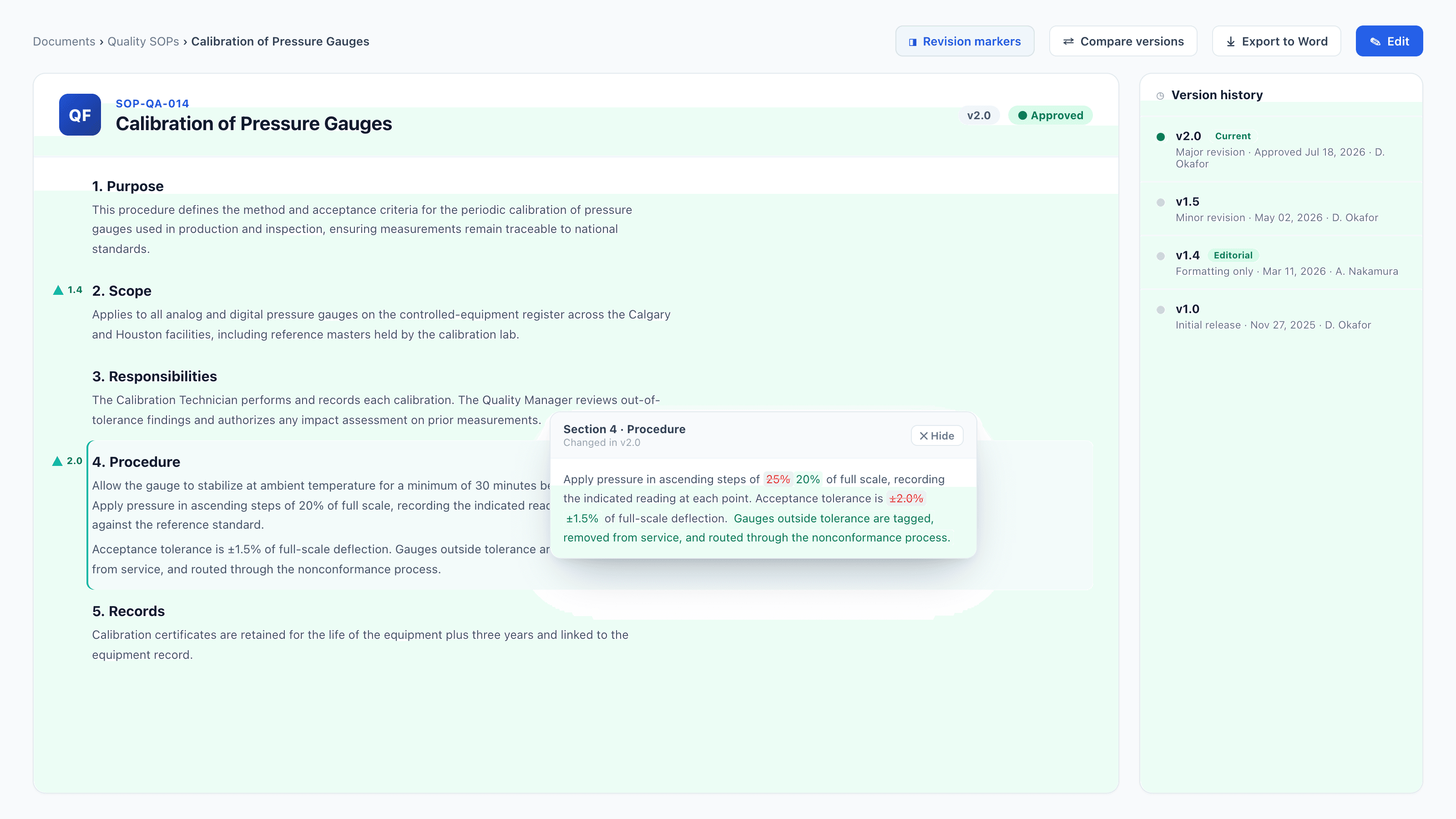 An approved SOP with teal revision-marker triangles in the left margin, an open section-diff preview, and a version-history sidebar showing an Editorial tag