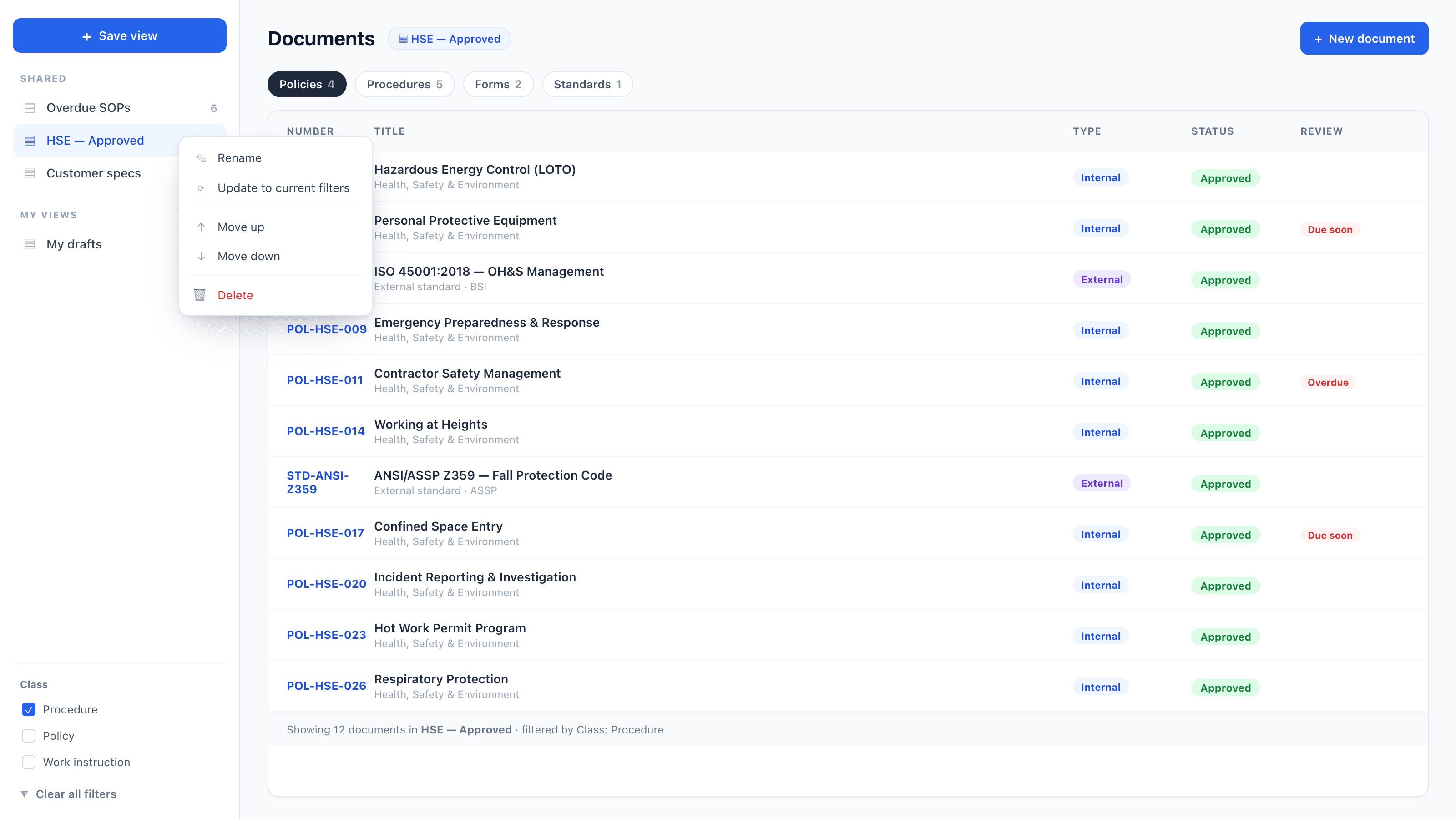 The document register with the smart-views rail: a Save view button, Shared and My Views sections, an open row menu, and category badges with counts on the filtered register