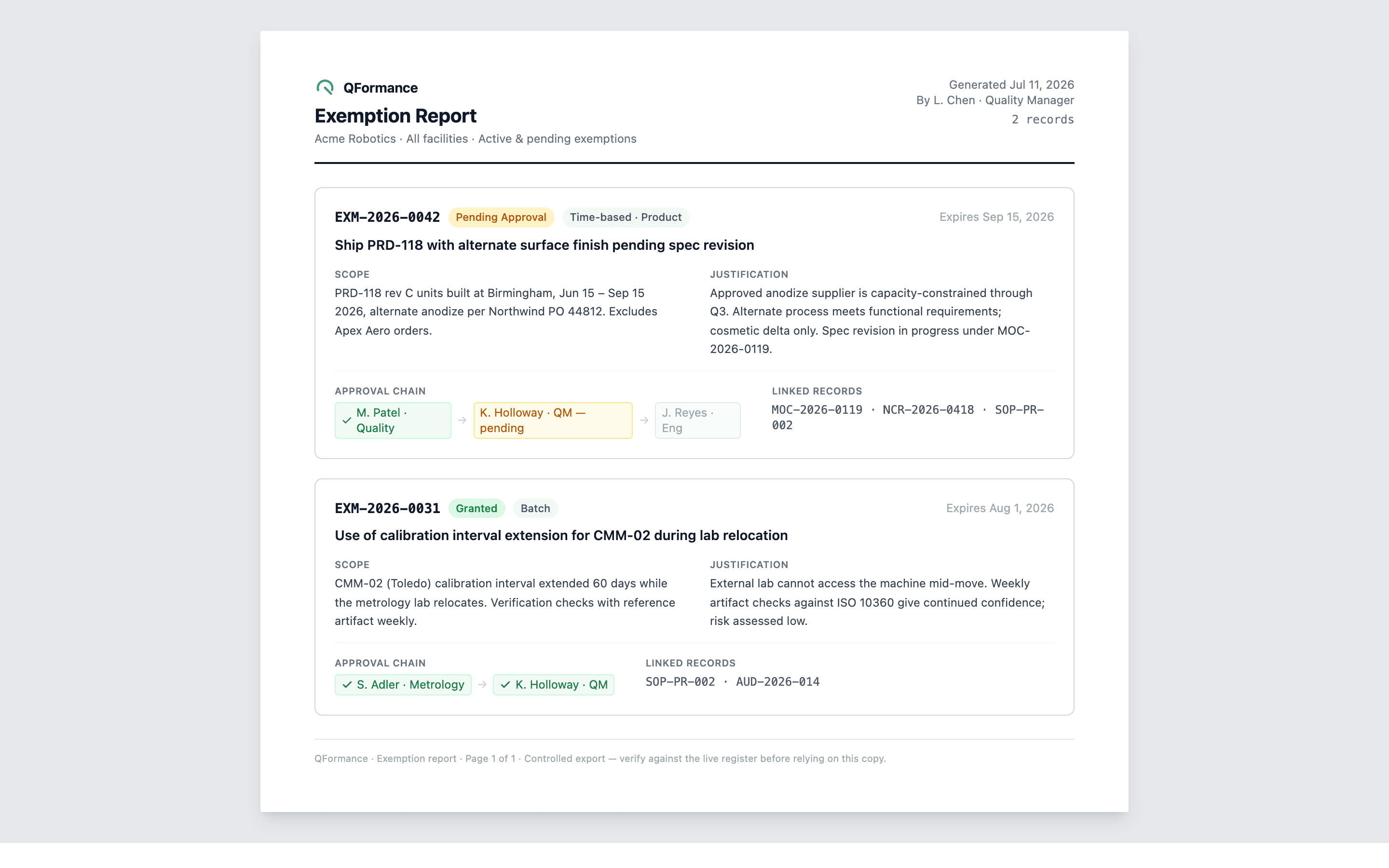 The print-optimized report showing exemption cards with badges, scope, justification, approval chain, and linked records