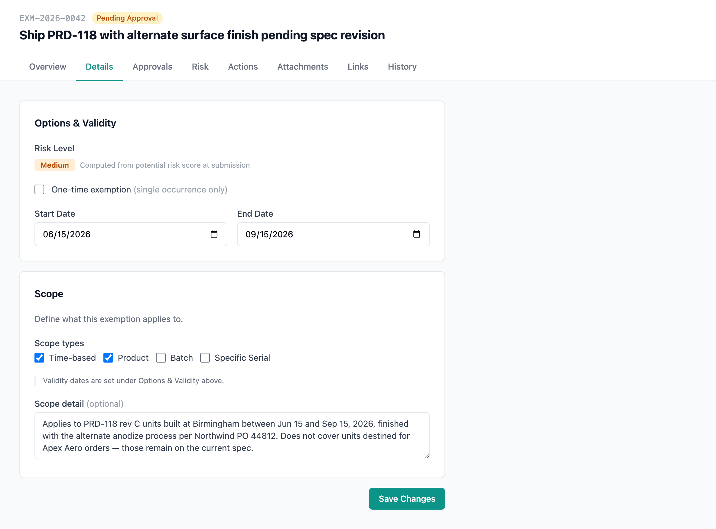 The exemption Details tab showing scope checkboxes and the free-text scope detail field