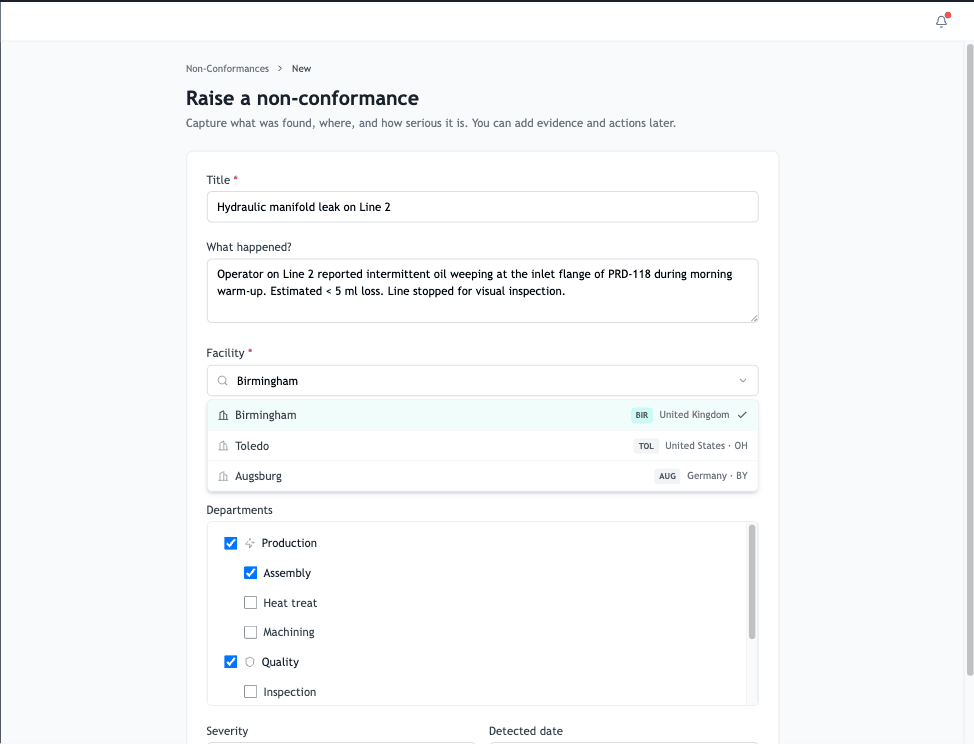 The scope picker open on a create form, showing facility search and department checkboxes