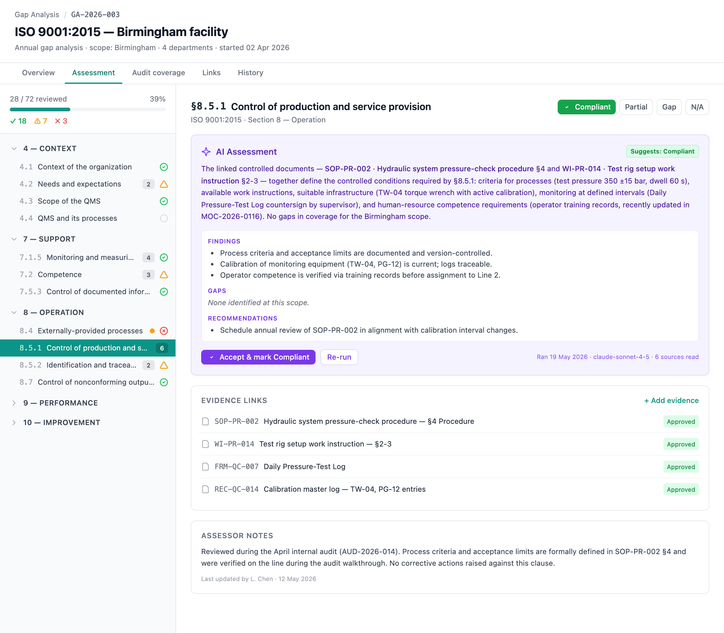 The Assessment grid with clauses down the side, status badges, and the per-clause AI analysis panel open