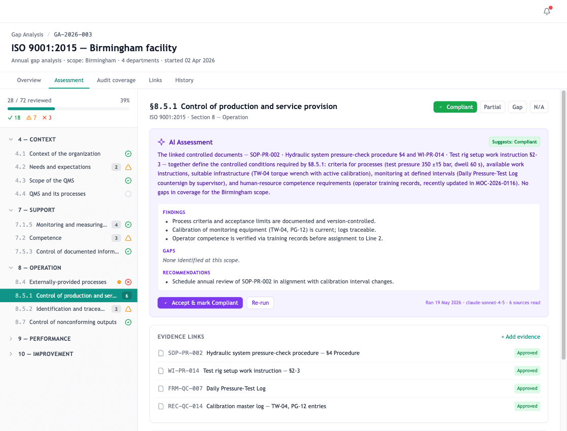 The Assessment grid with clauses down the side, status badges, and the per-clause AI analysis panel open