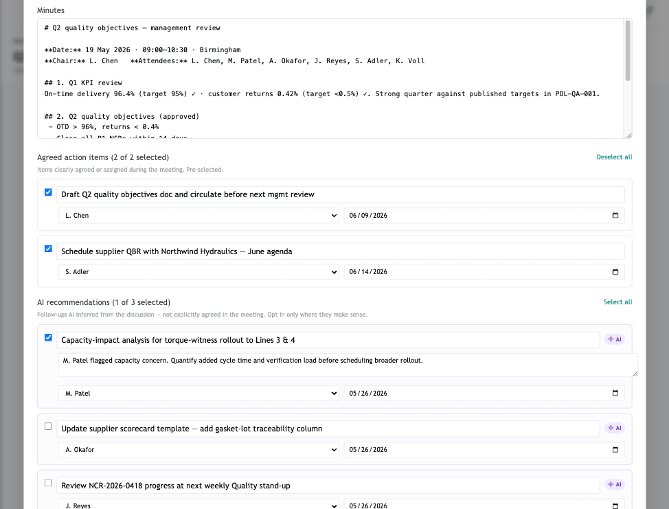 The review step with three panels — minutes, agreed actions, AI recommendations