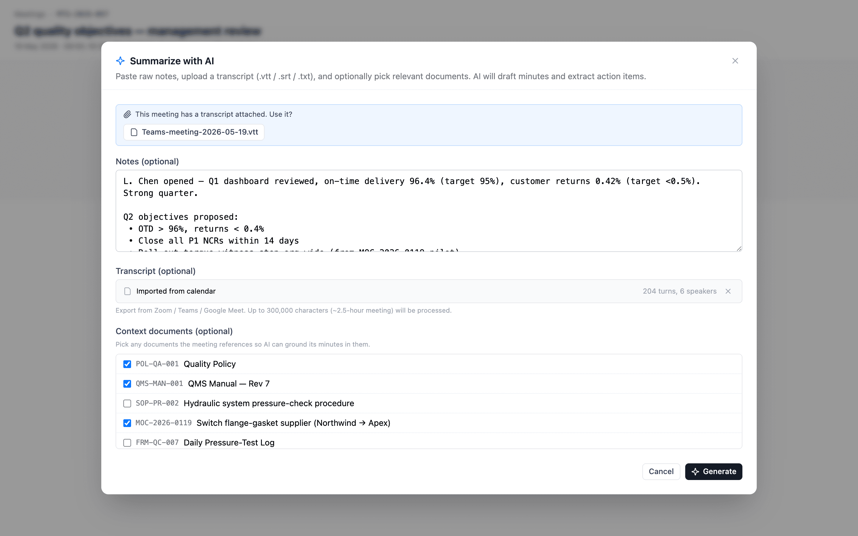 The first step of the AI minutes modal — paste notes, upload transcript, or select reference documents