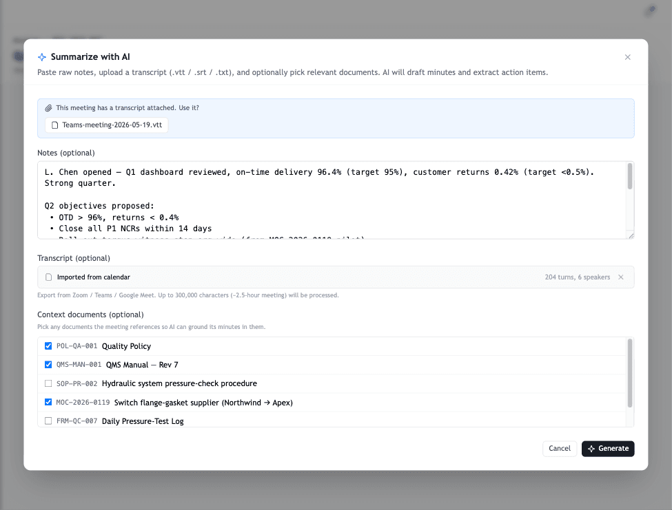 The first step of the AI minutes modal — paste notes, upload transcript, or select reference documents