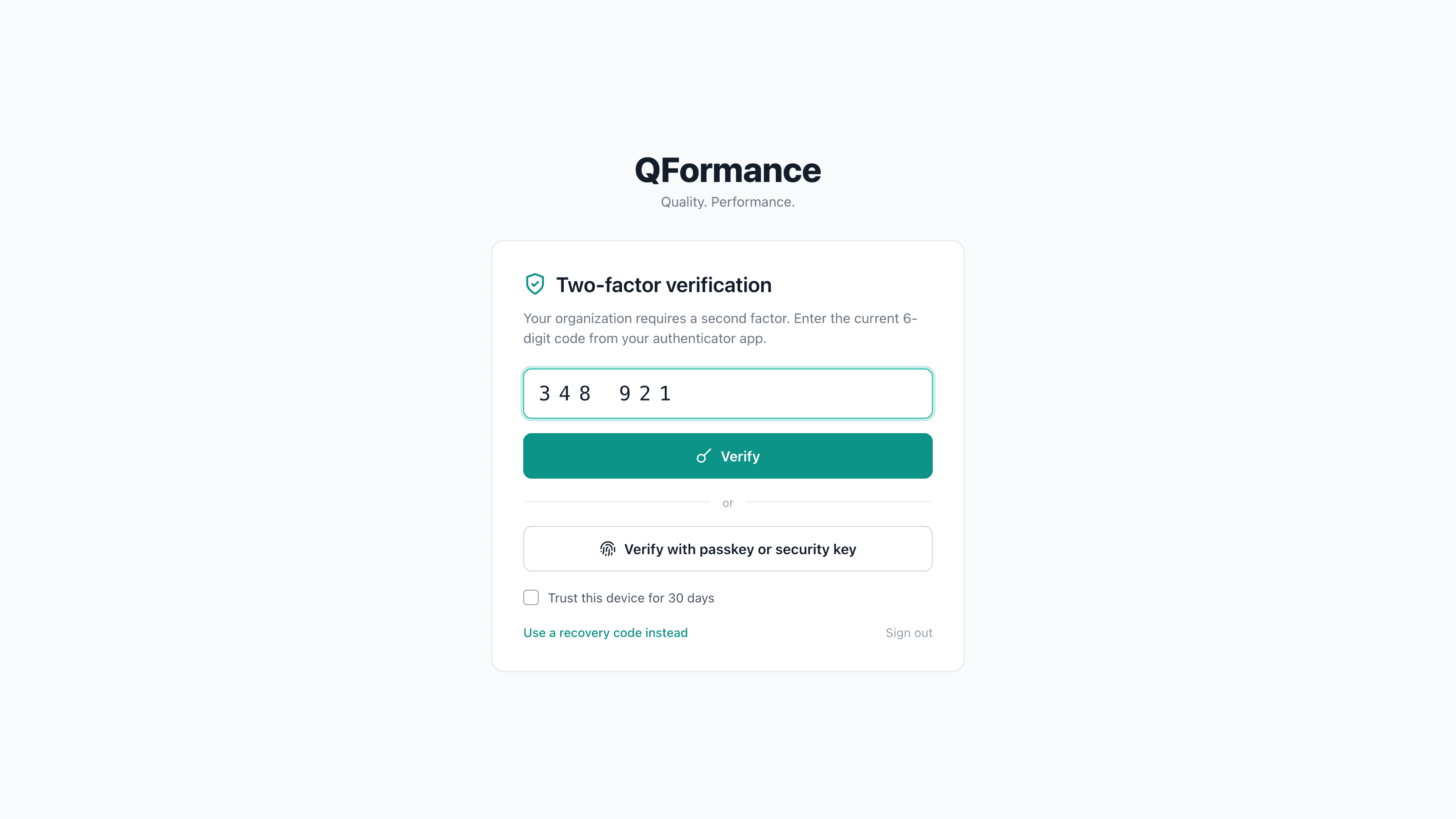 The two-factor verification challenge with an authenticator-code field and a Verify-with-passkey button
