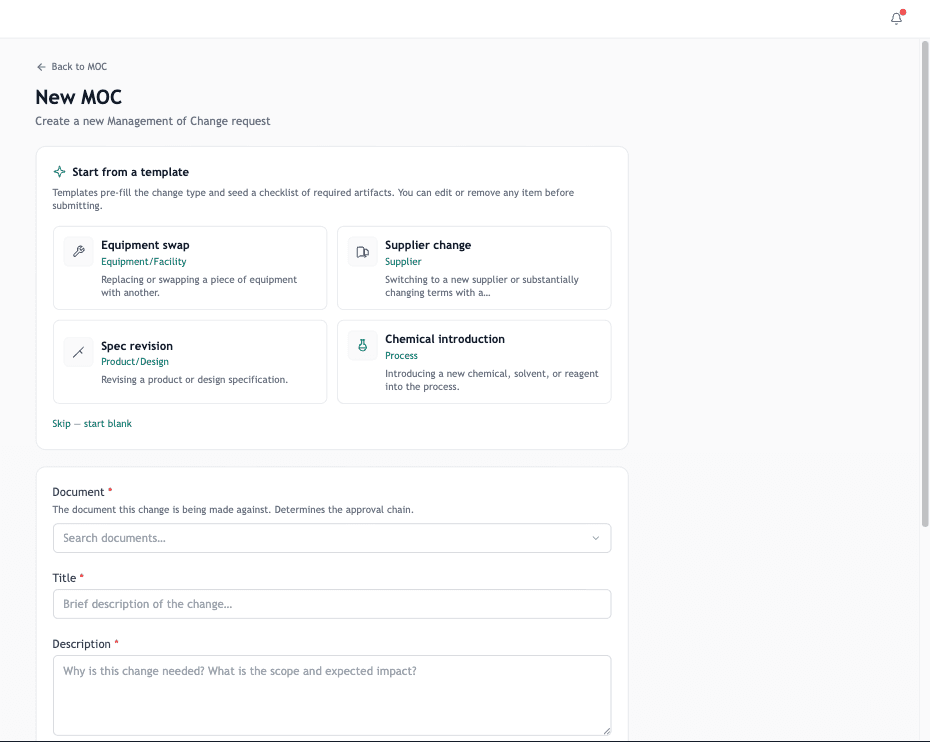 New MOC form with template gallery, change type, and the seeded required-artifacts checklist