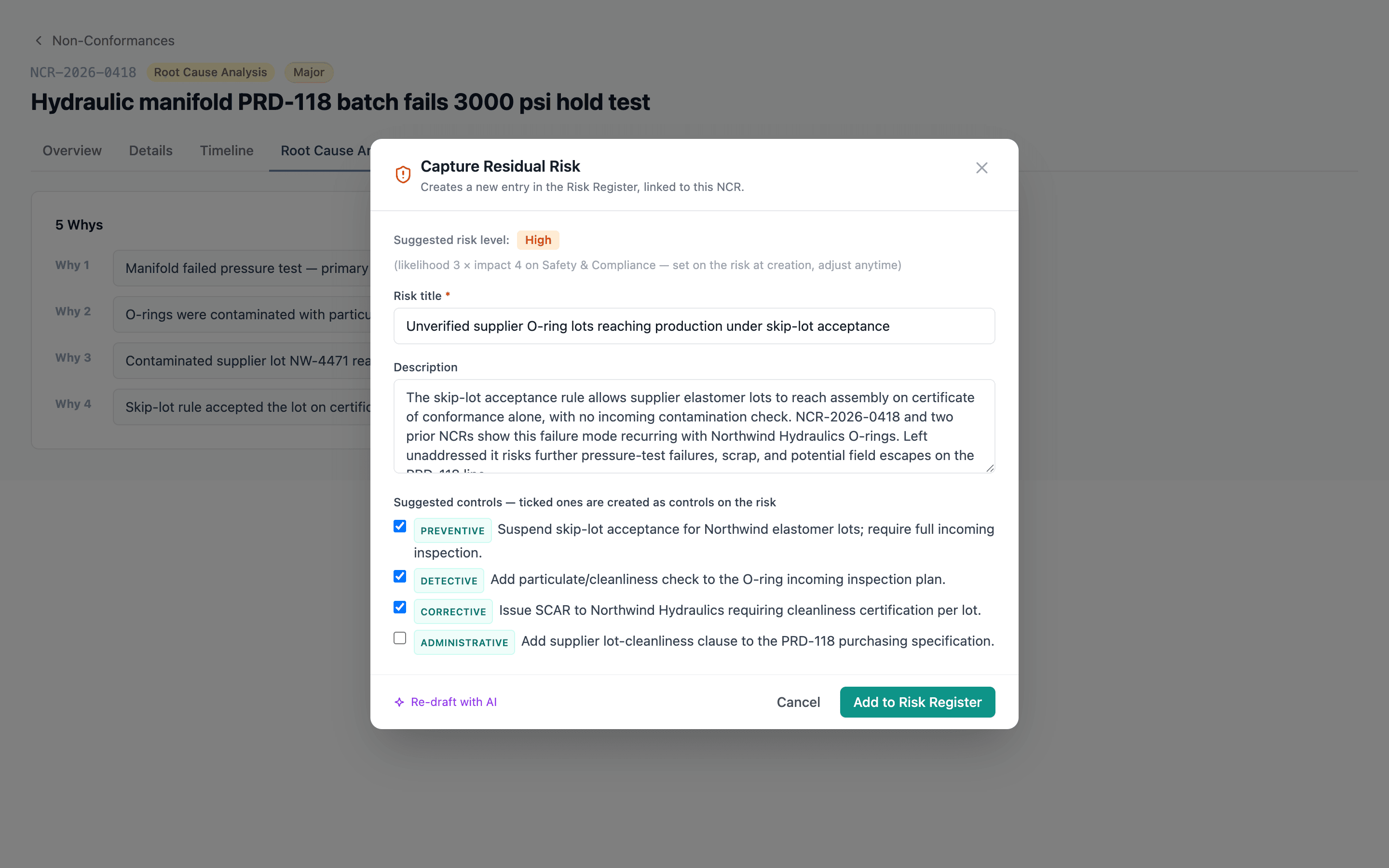 The Capture Residual Risk modal with an AI-drafted title and description, a checklist of typed control suggestions, and a suggested likelihood-by-impact score