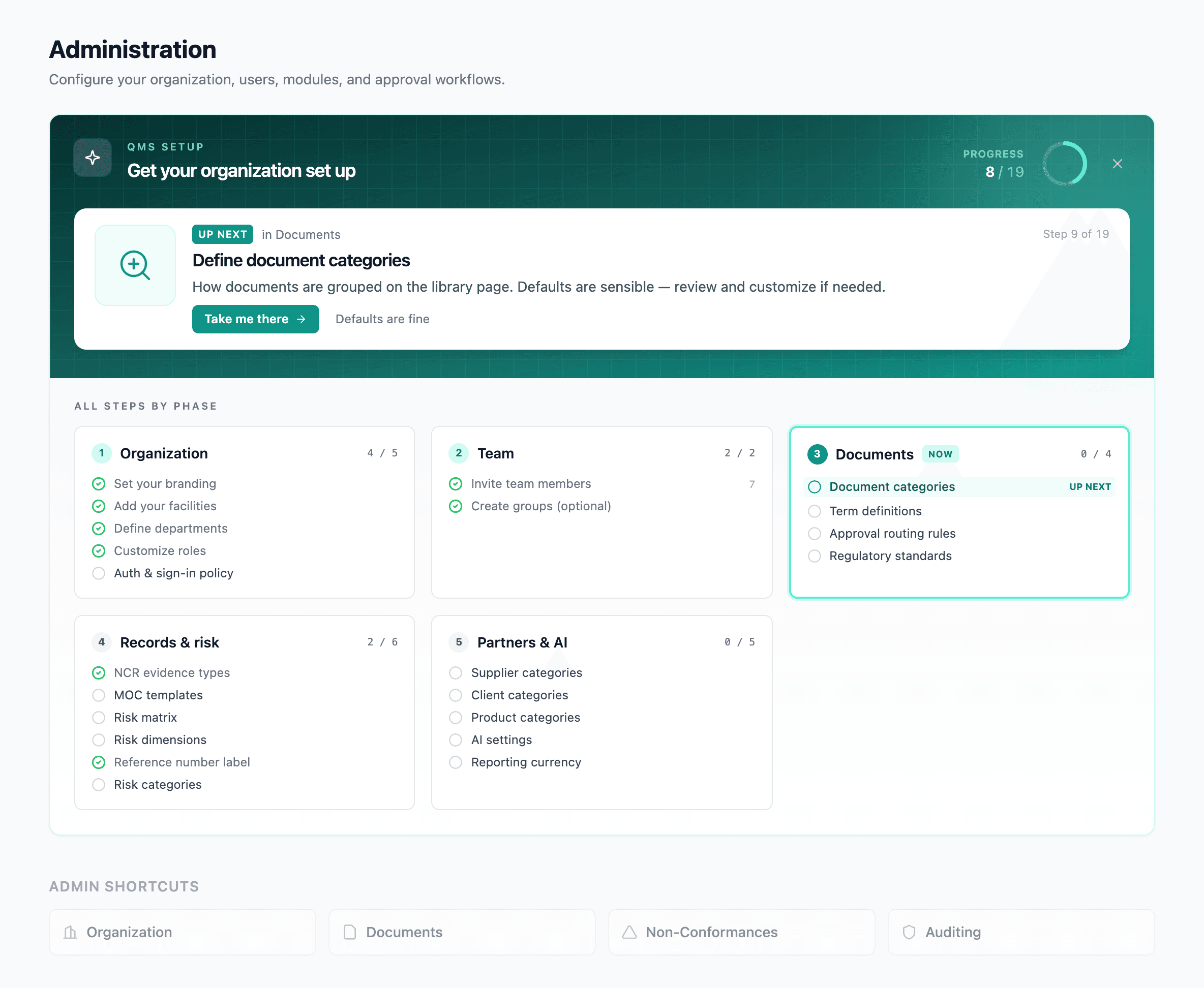 The admin home with the onboarding checklist at the top, showing some items done and others open
