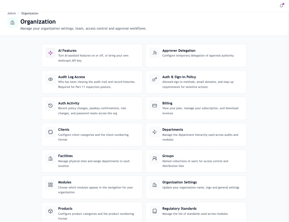 Admin → Organization page with the configuration sub-pages listed