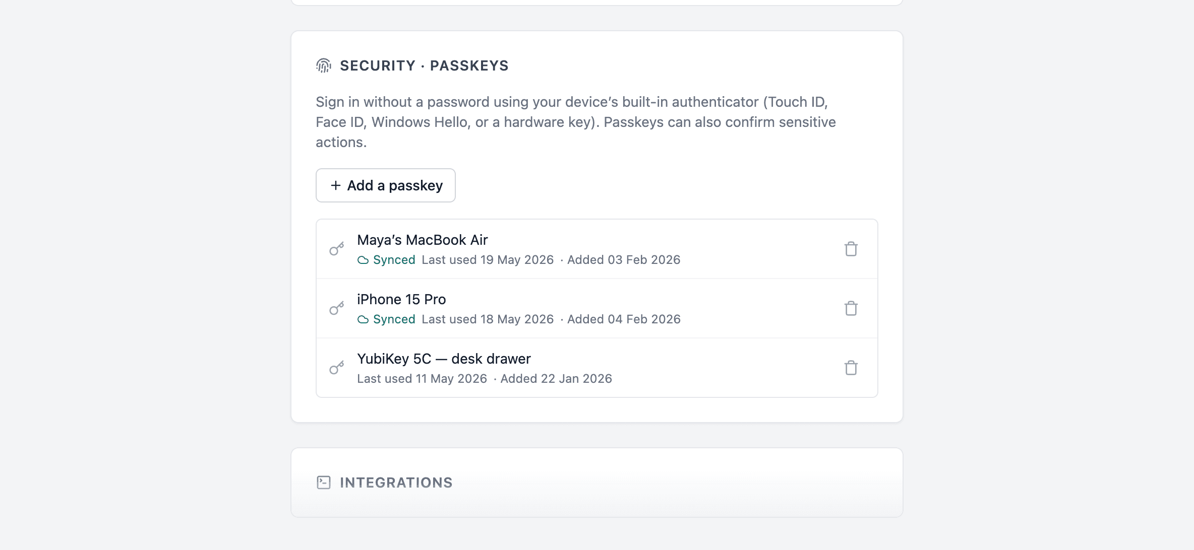 The Security · Passkeys card on the Profile page with Add a passkey button and existing devices listed