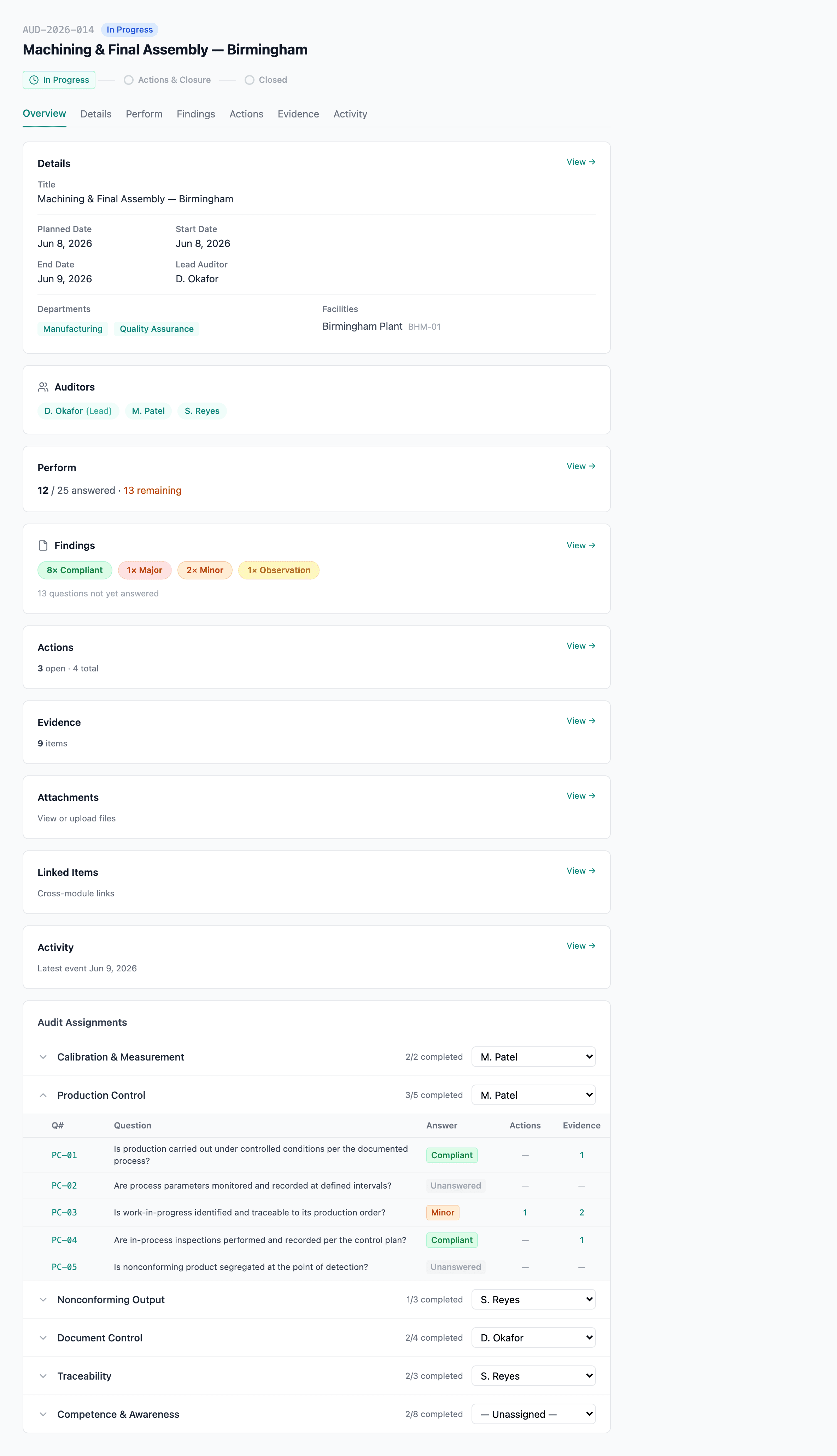 Audit Overview with the Audit Assignments card, status, planned date, and a progress bar