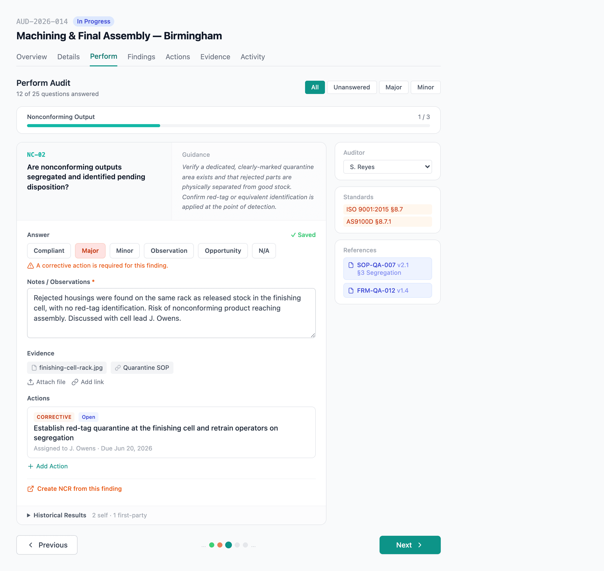 A question's detail panel with answer chips, notes, evidence, prior-audit context, and the linked document sidebar