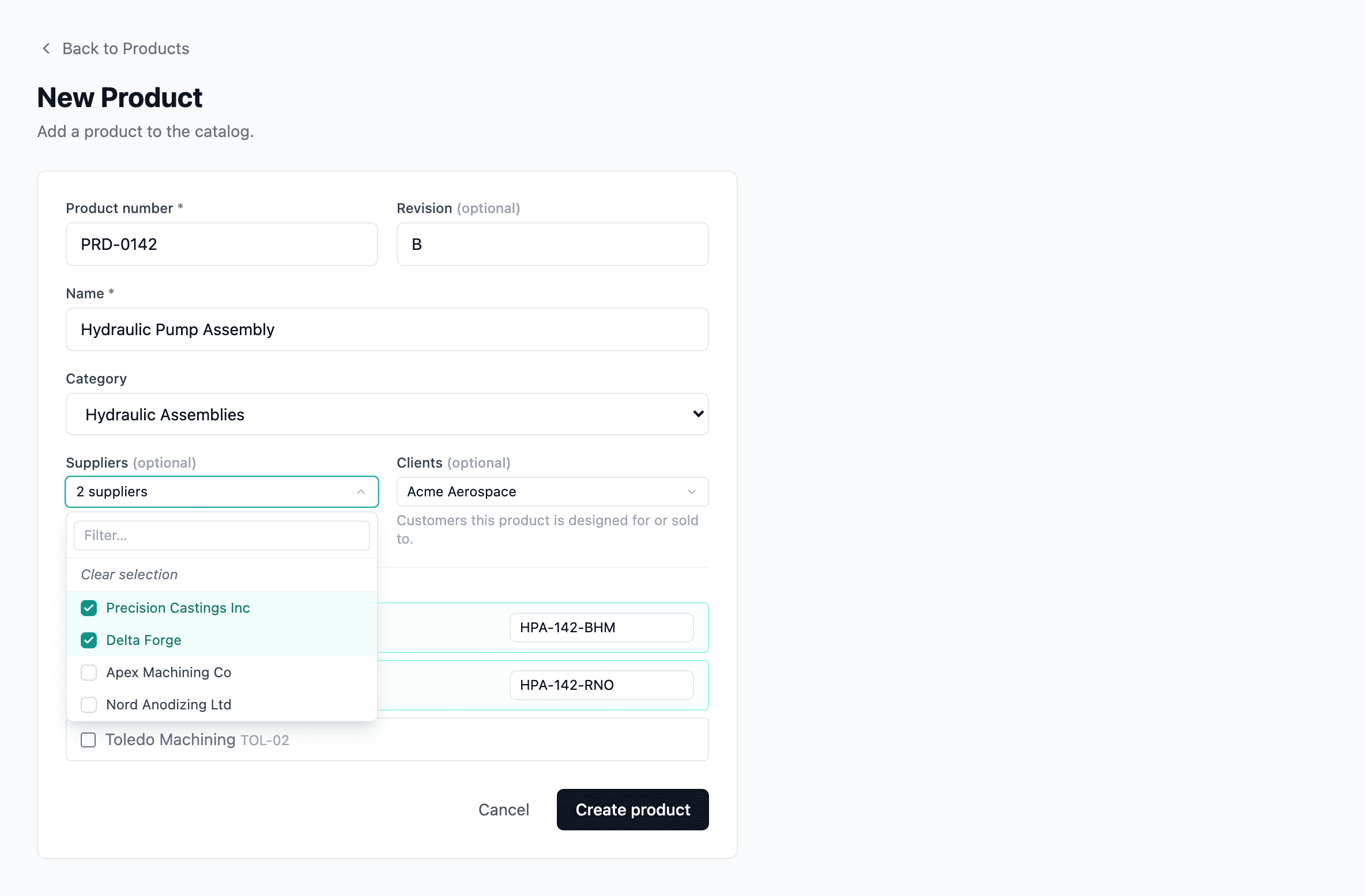The product form's Suppliers and Clients searchable multi-selects — a part sourced from several suppliers and built for several customers