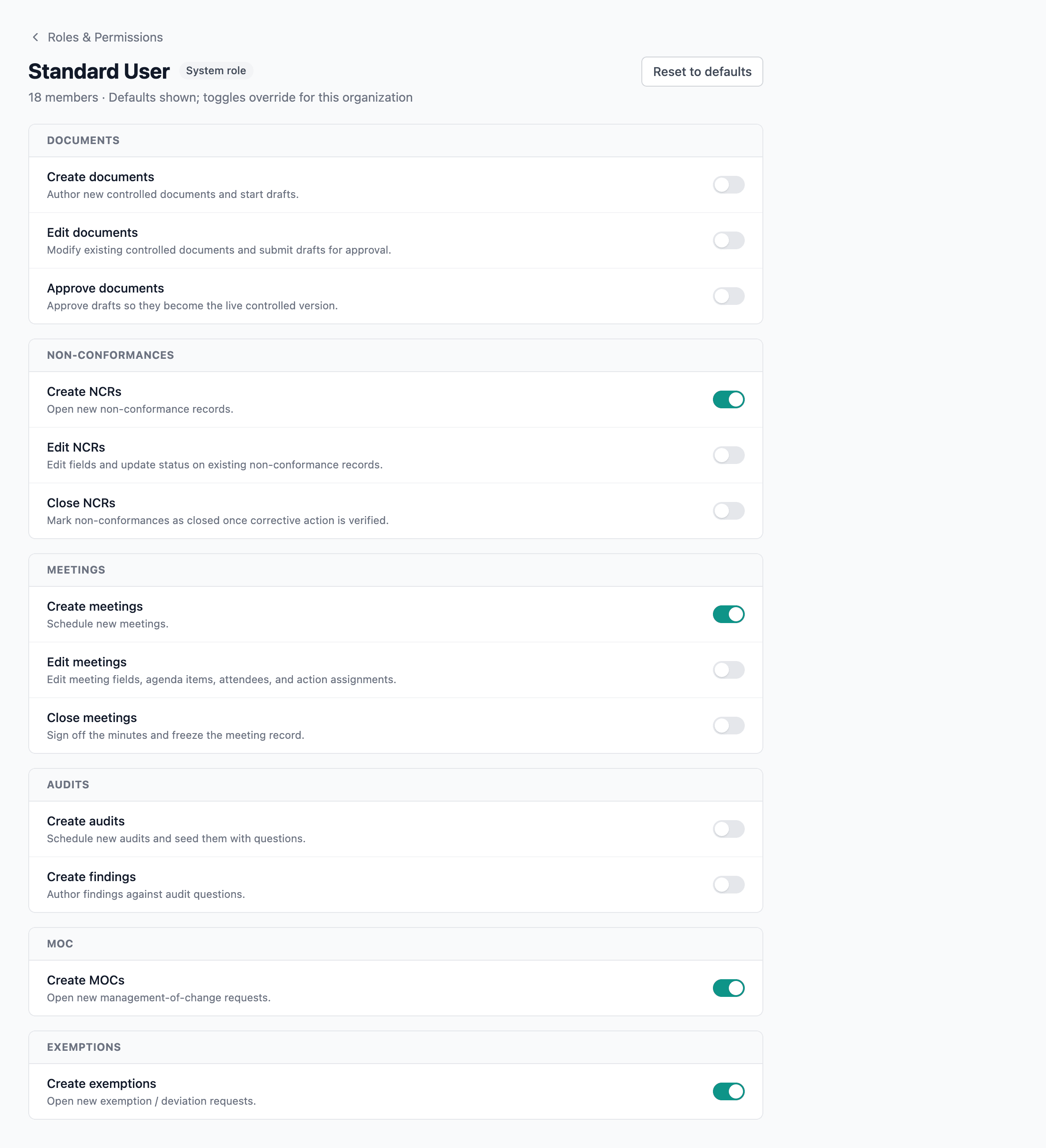 The Standard User role with the permission matrix grouped by feature area, toggles per permission