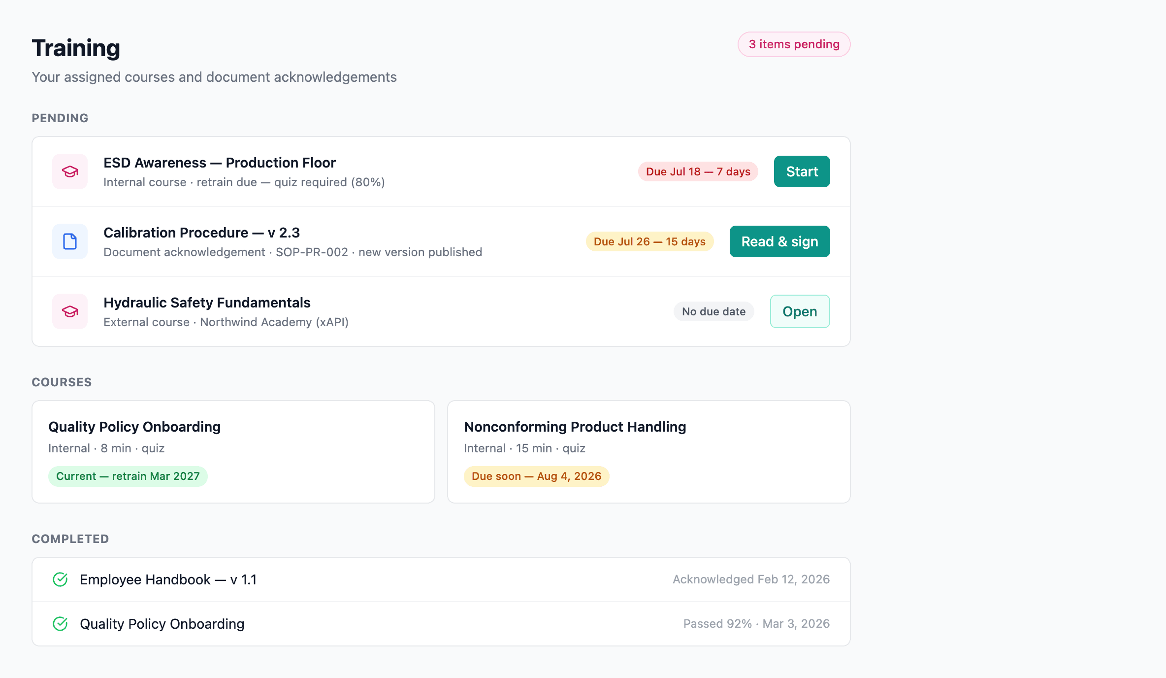 Training Hub with the three sections: Pending, Courses, Completed